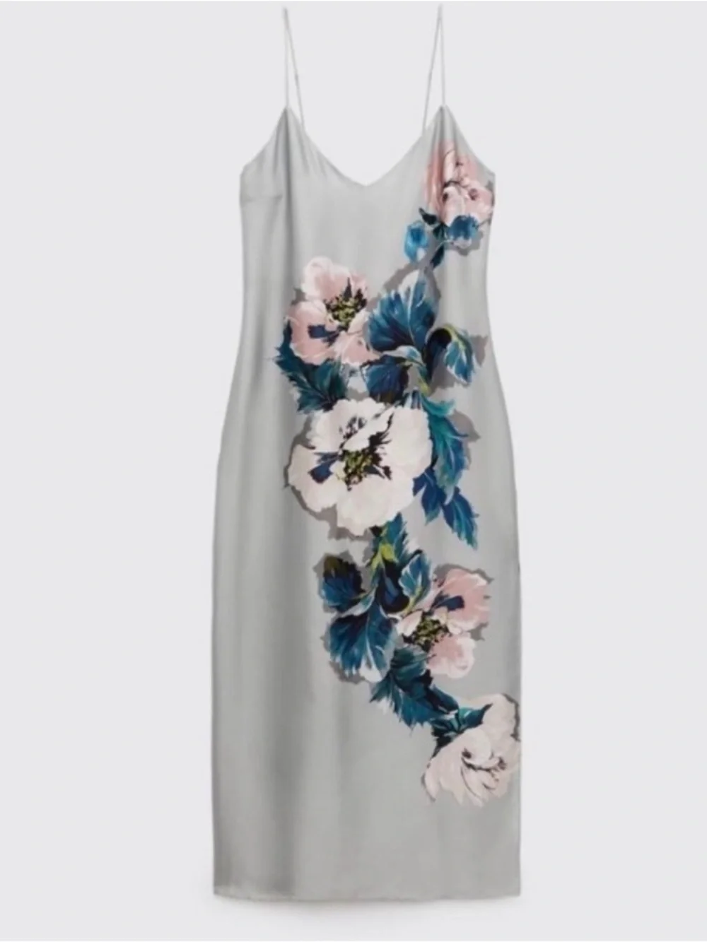 Zara Light Gray Floral Slip Dress with Blue & Pink Blooms - Picture 2 of 5